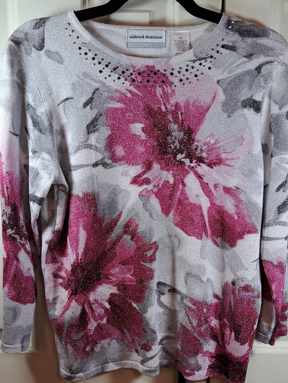 Alfred Dunner Silver Sweater with Pink Floral Sparkle